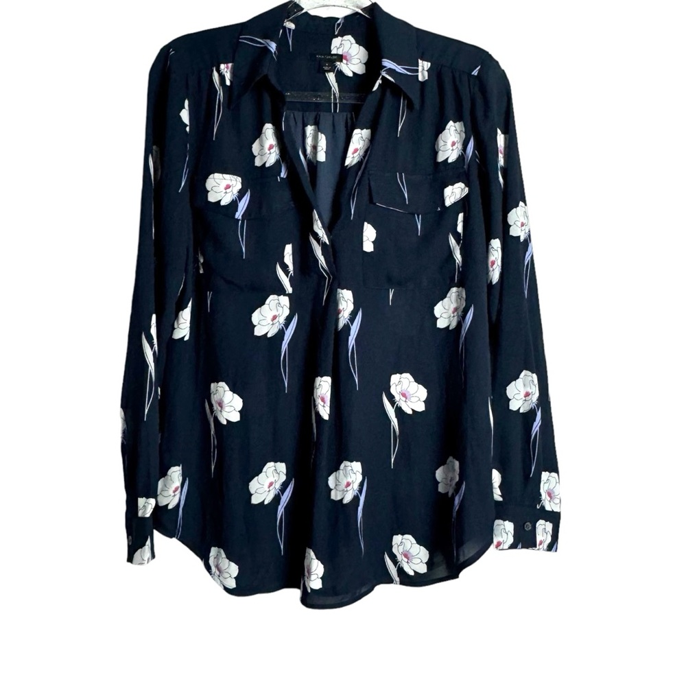 Ann Taylor Long Sleeve Blouse Floral Navy Blue